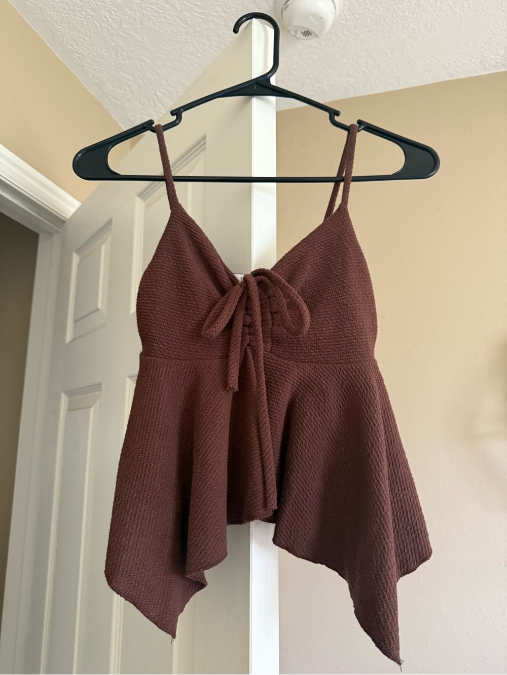 Brown Textured Tie-Front Spaghetti Strap Top